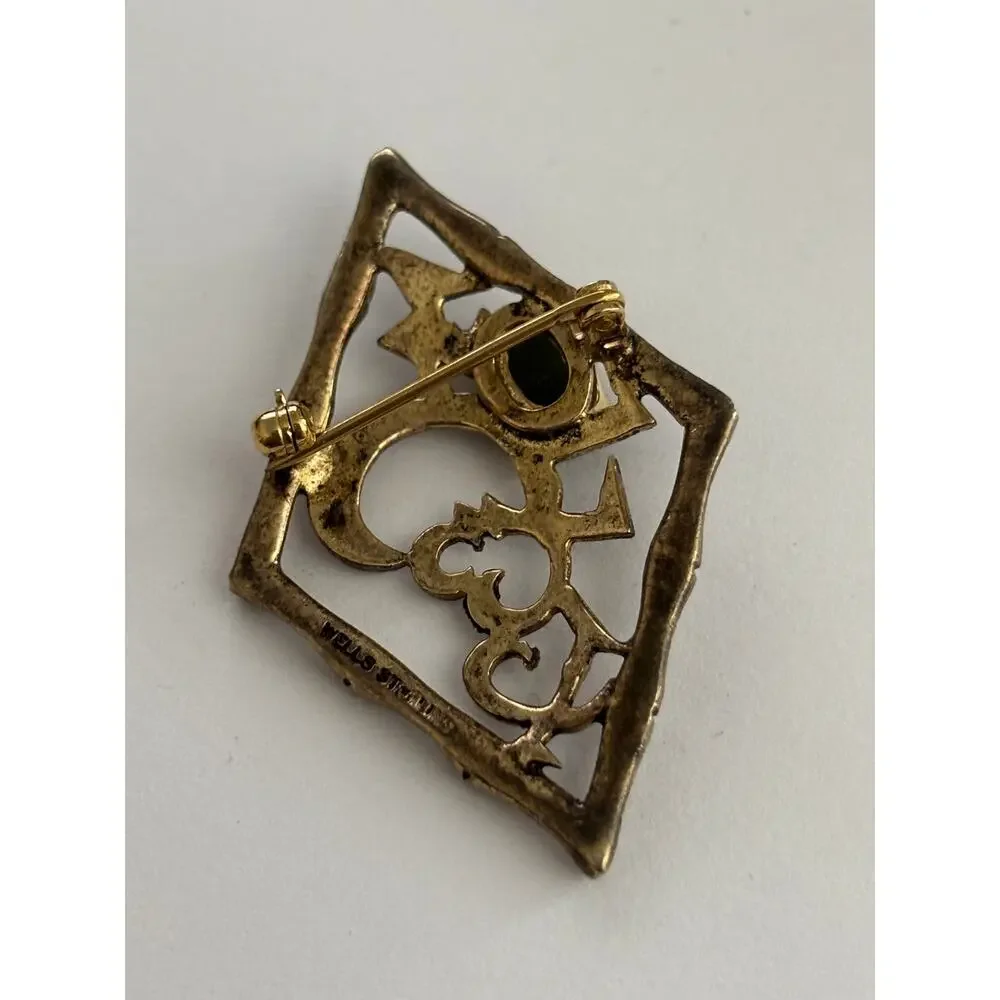 Vintage Wells Sterling Silver Gold Gilt Jade Bamboo Asian Style Brooch Pin